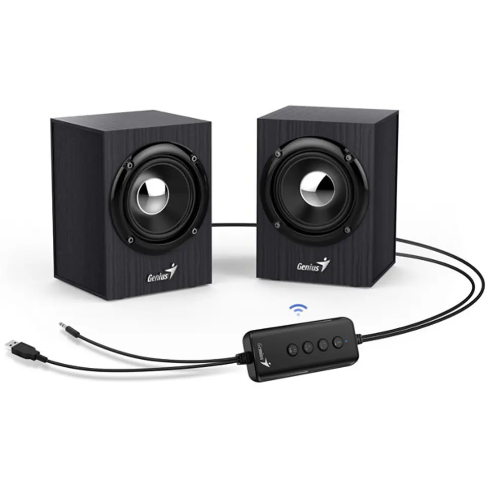 ⁨Genius głośniki SP-HF385BT, 2.0, 4W, czarne, regulacja głośności, BT, drewniane, 3,5 mm jack/ bluetooth, 150Hz-20kHz⁩ w sklepie Wasserman.eu