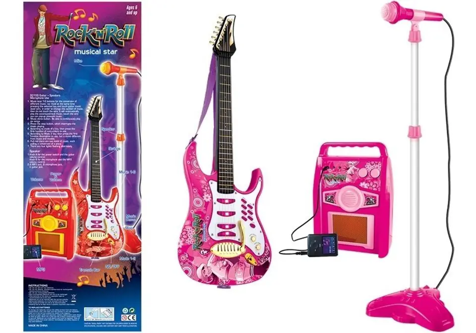 ⁨Gitara z Mikrofonem Strunami Wzmacniaczem Różowa⁩ w sklepie Wasserman.eu