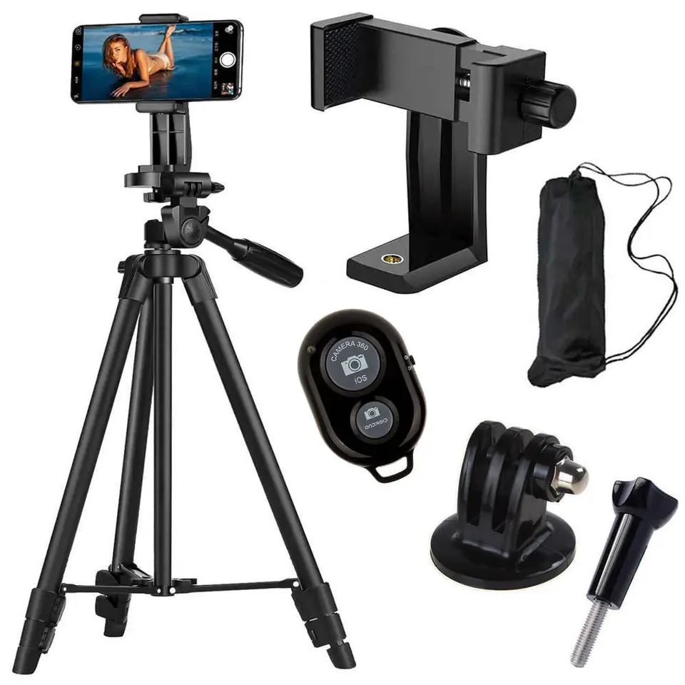 ⁨Statyw uniwersalny Alogy Tripod uchwyt do telefonu stojak 1/4 do kamer GoPro z pilot Bluetooth, pokrowiec Czarny⁩ w sklepie Wasserman.eu