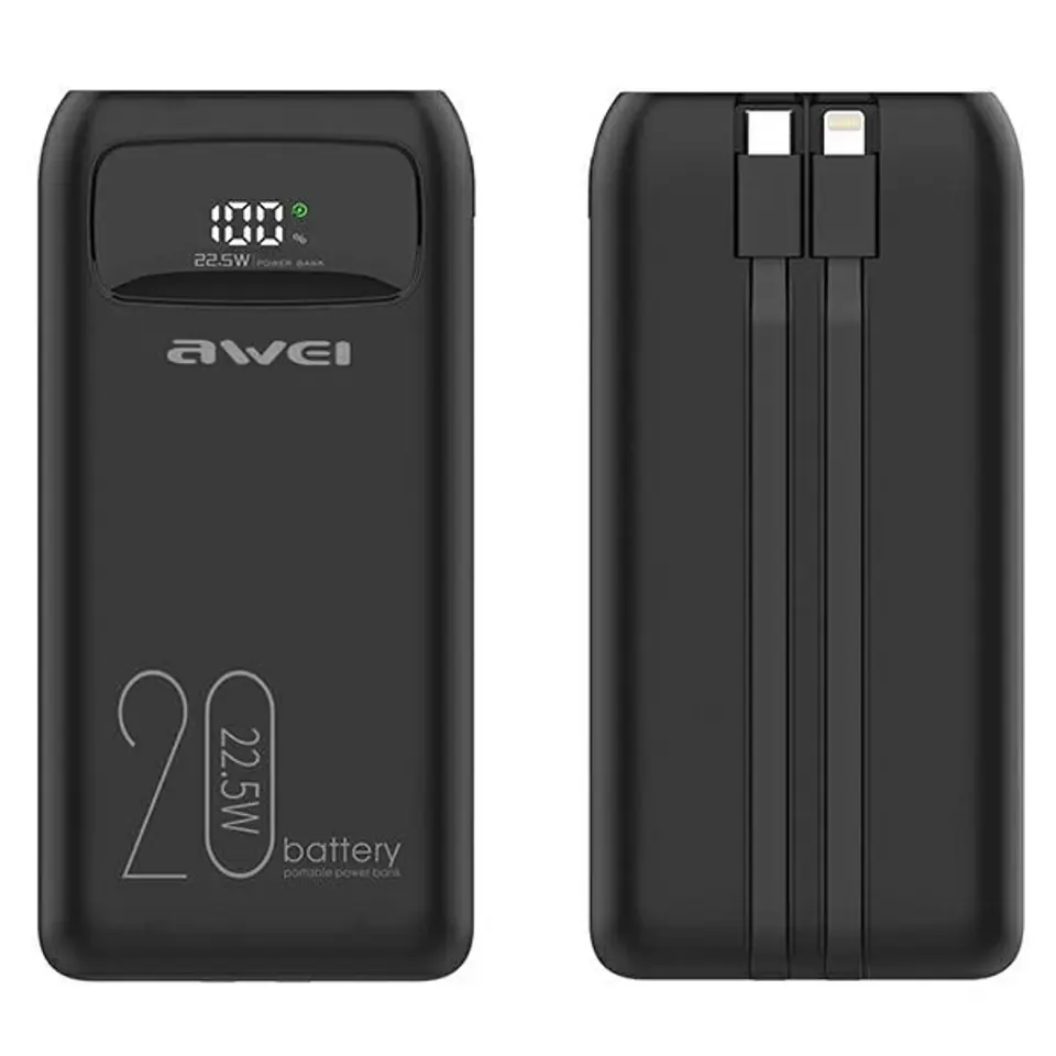 ⁨AWEI PowerBank P169K 20000mAh 22.5W czarny/black wyświetlacz + kable PD/Lightning⁩ w sklepie Wasserman.eu