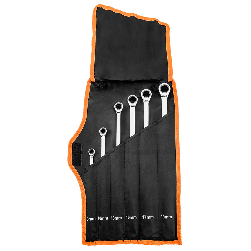 ⁨Klucze oczkowe z grzechotką, długie, zestaw 6 szt., 8 - 19 mm, miękkie etui⁩ w sklepie Wasserman.eu