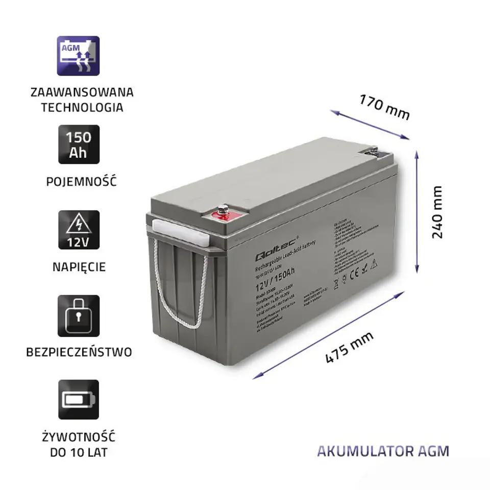 ⁨Qoltec 53068 AGM battery | 12V | 150Ah | max. 2250A⁩ at Wasserman.eu