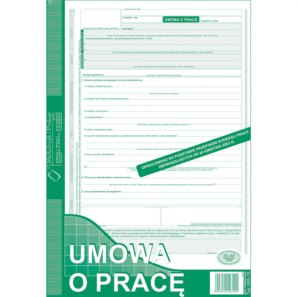 ⁨500-1K Umowa o Pracę A4 40kartek ( nowa ) Michalczyk i Prokop⁩ w sklepie Wasserman.eu