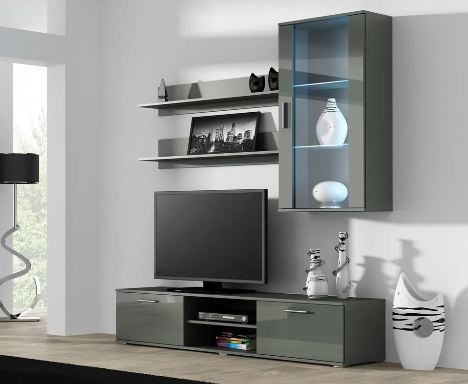 ⁨SOHO 5 set (RTV180 cabinet + Wall unit + shelves) Grey / Gloss grey⁩ at Wasserman.eu