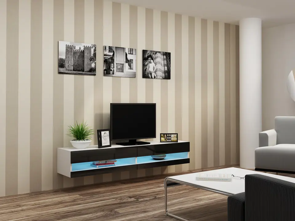 ⁨Cama TV stand VIGO NEW 30/180/40 white/black gloss⁩ at Wasserman.eu