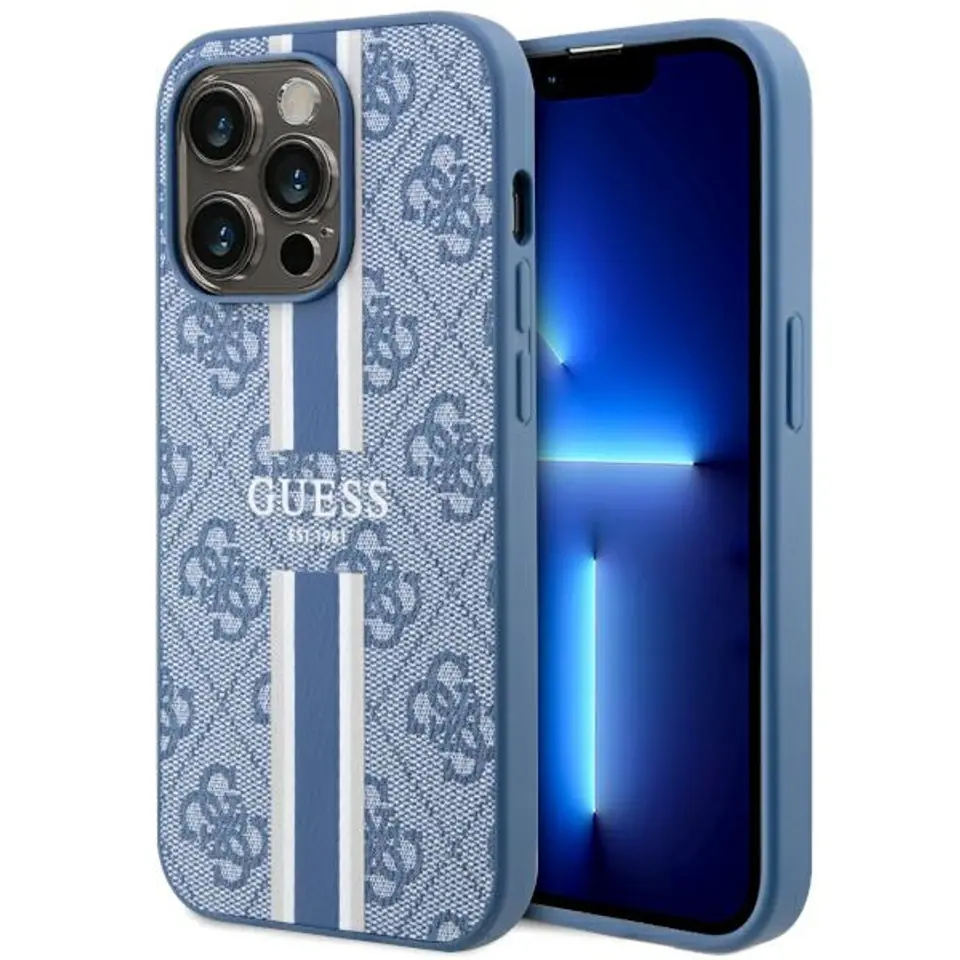 ⁨Guess GUHMP14XP4RPSB iPhone 14 Pro Max 6.7" niebieski/blue hardcase 4G Printed Stripes MagSafe⁩ w sklepie Wasserman.eu