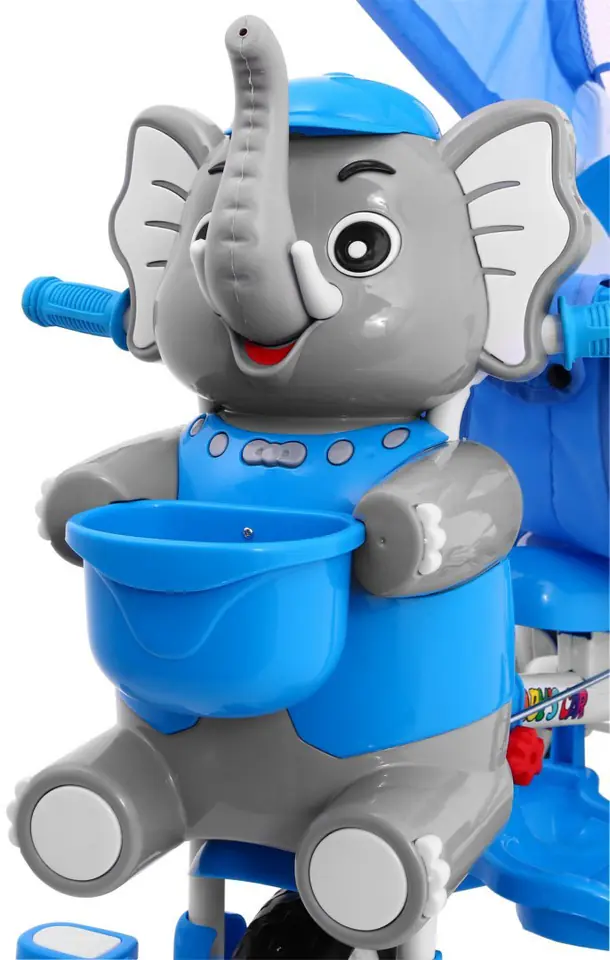 ⁨3-kołowy Rowerek dla dzieci Słonik Niebieski + Dźwięki + Daszek + Barierka + Podnóżek + Rączka + Schowek⁩ w sklepie Wasserman.eu