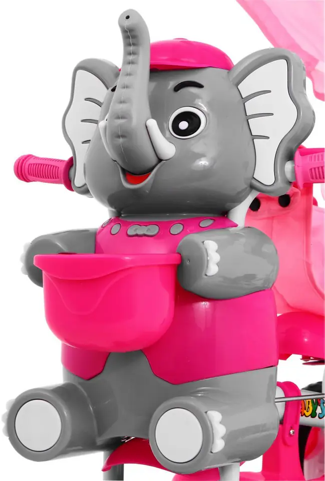 ⁨3-kołowy Rowerek dla dzieci Słonik Różowy + Dźwięki + Daszek + Barierka + Podnóżek + Rączka + Schowek⁩ w sklepie Wasserman.eu