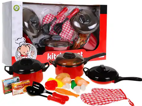⁨Czerwony zestaw Kucharza dla dzieci 3+ Garnki + Przybory kuchenne + Atrapy jedzenia 22 el.⁩ w sklepie Wasserman.eu
