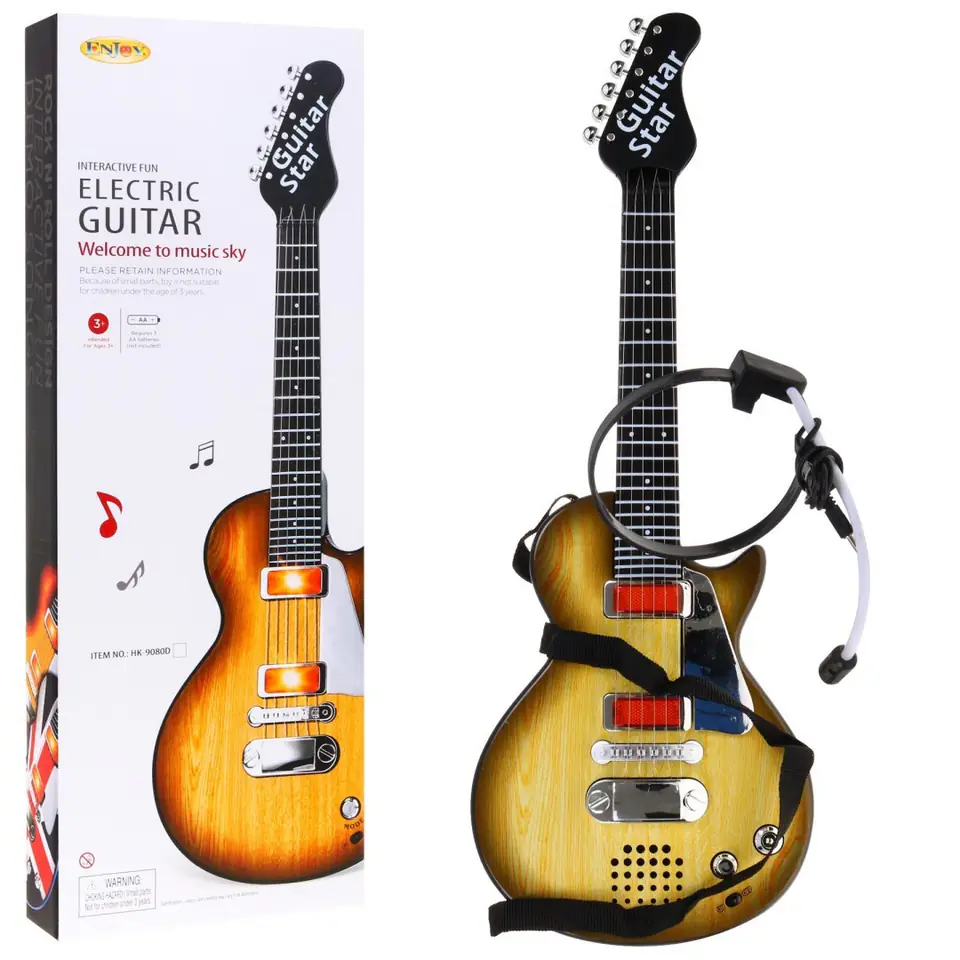 ⁨Elektryczna Gitara dla dzieci 3+ imitacja drewna + Słuchawki z mikrofonem + Dźwięki Światła⁩ w sklepie Wasserman.eu