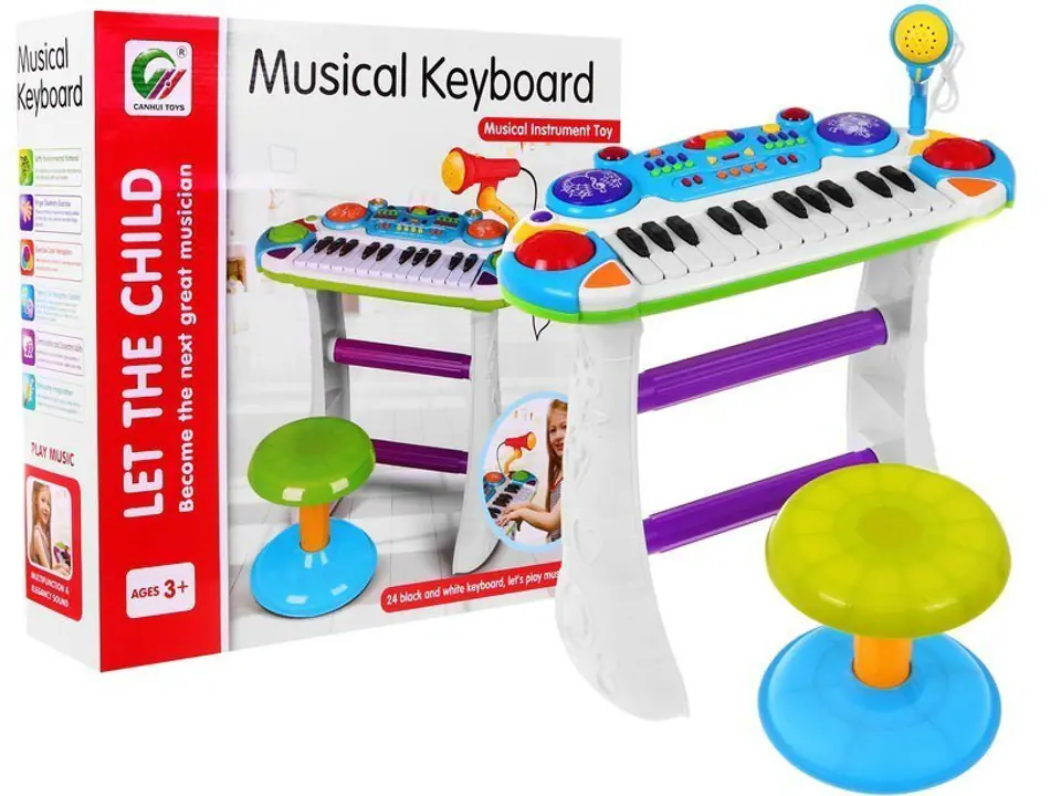 ⁨Niebieski zestaw muzyczny Keyboard + Werble + Mikrofon dla dzieci 3+ Światła + Dźwięki 2 oktawy⁩ w sklepie Wasserman.eu