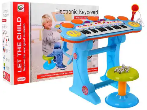 ⁨Niebieski zestaw muzyczny Keyboard + Werble + Mikrofon dla dzieci 3+ Światła + Dźwięki 3 oktawy⁩ w sklepie Wasserman.eu