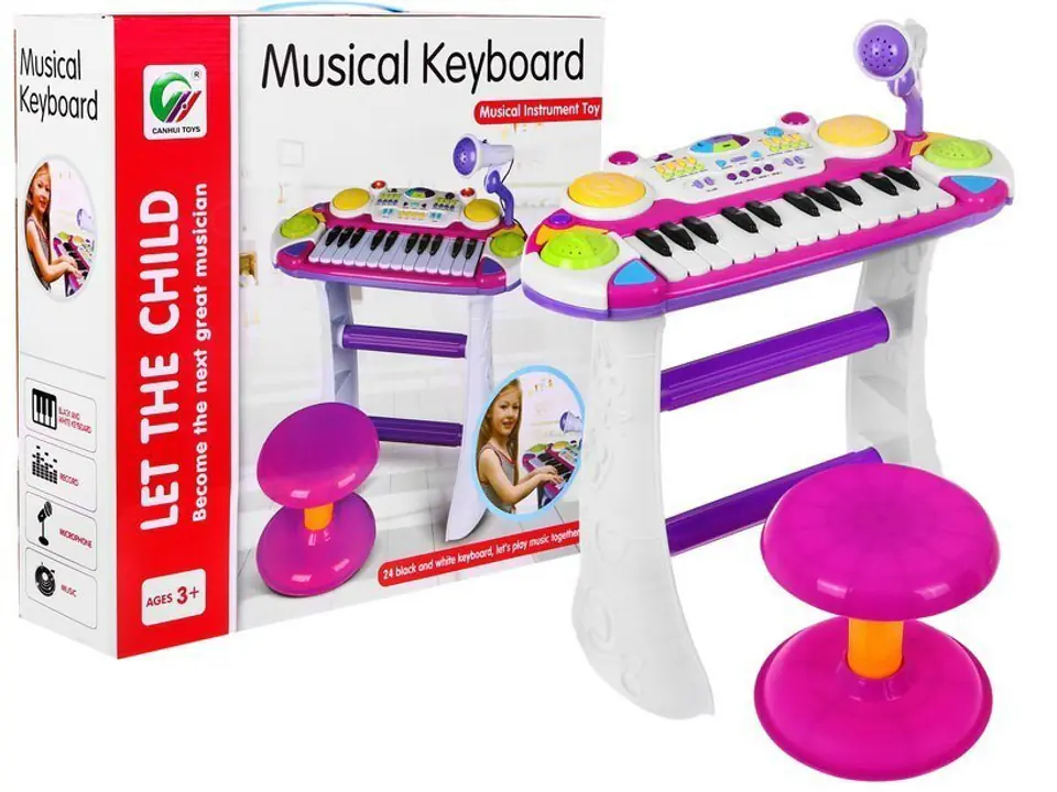 ⁨Różowy zestaw muzyczny Keyboard + Werble + Mikrofon dla dzieci 3+ Światła + Dźwięki 2 oktawy⁩ w sklepie Wasserman.eu