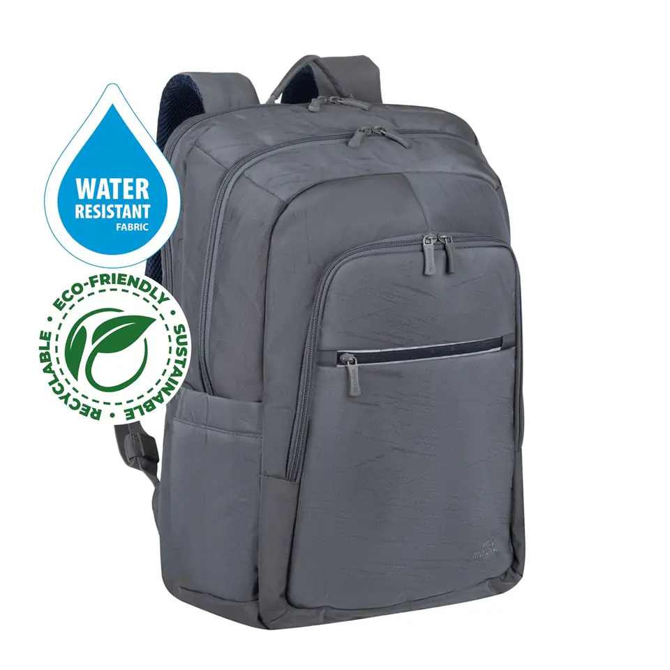 ⁨RIVACASE 7569 Laptop Backpack 17.3" Alpendorf ECO, grey, waterproof material, eco rPet, pockets for smartphone, documents, accessories, side pocket for bottle⁩ at Wasserman.eu