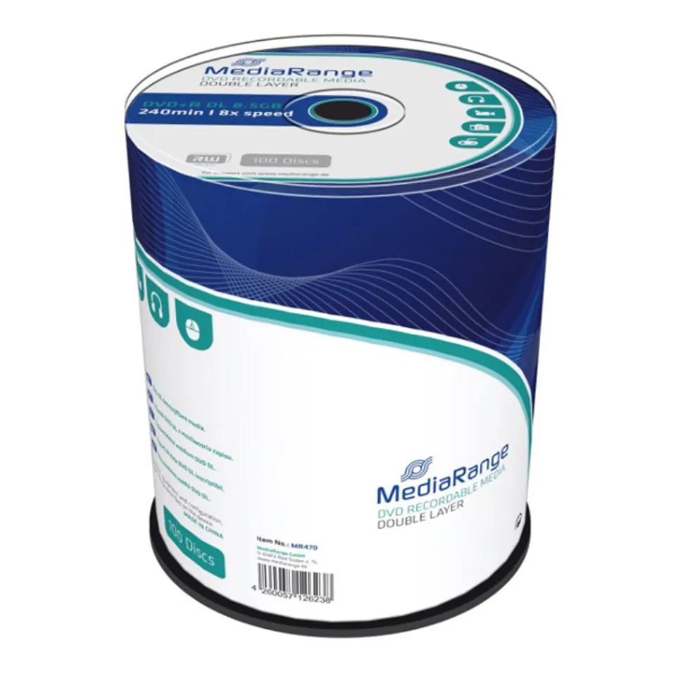 ⁨Mediarange DVD+R, MR470, 8.5GB, 8x, cake box, 100-pack, bez możliwości nadruku, 12cm, Double Layer, do archiwizacji danych⁩ w sklepie Wasserman.eu