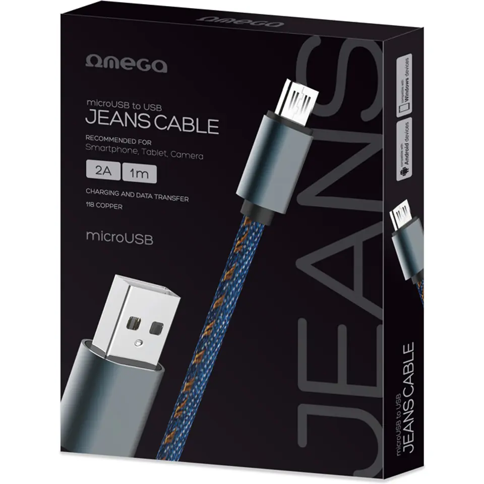 ⁨Kabel USB-A -> microUSB 1m 2A pleciony niebieski OMEGA JEANS (44200)⁩ w sklepie Wasserman.eu