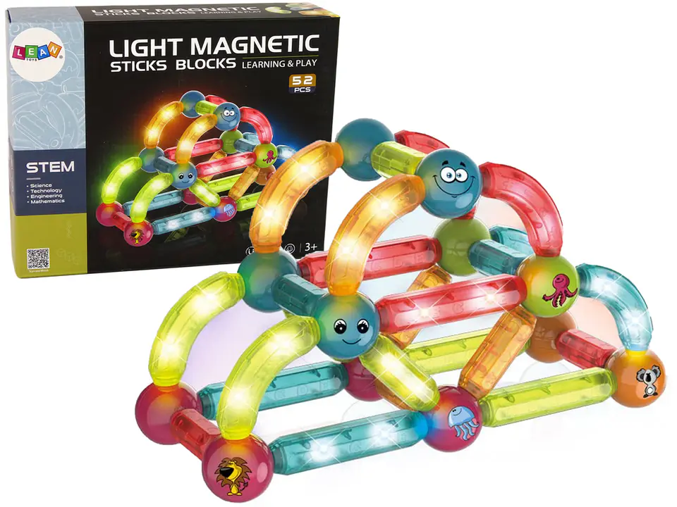 ⁨Świecące Klocki Magnetyczne Edukacyjne Zestaw 52 Elementy⁩ w sklepie Wasserman.eu