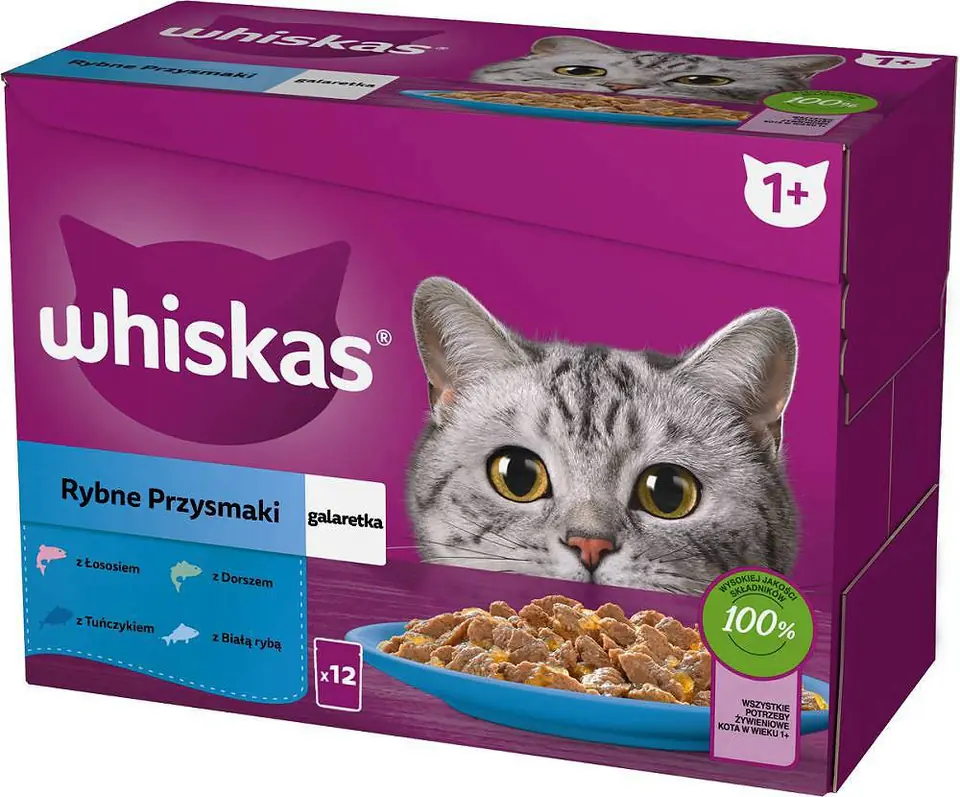 ⁨WHISKAS jelly sachets, flavours: White Fish, Cod, Salmon, Tuna - wet cat food - 12x85g⁩ at Wasserman.eu