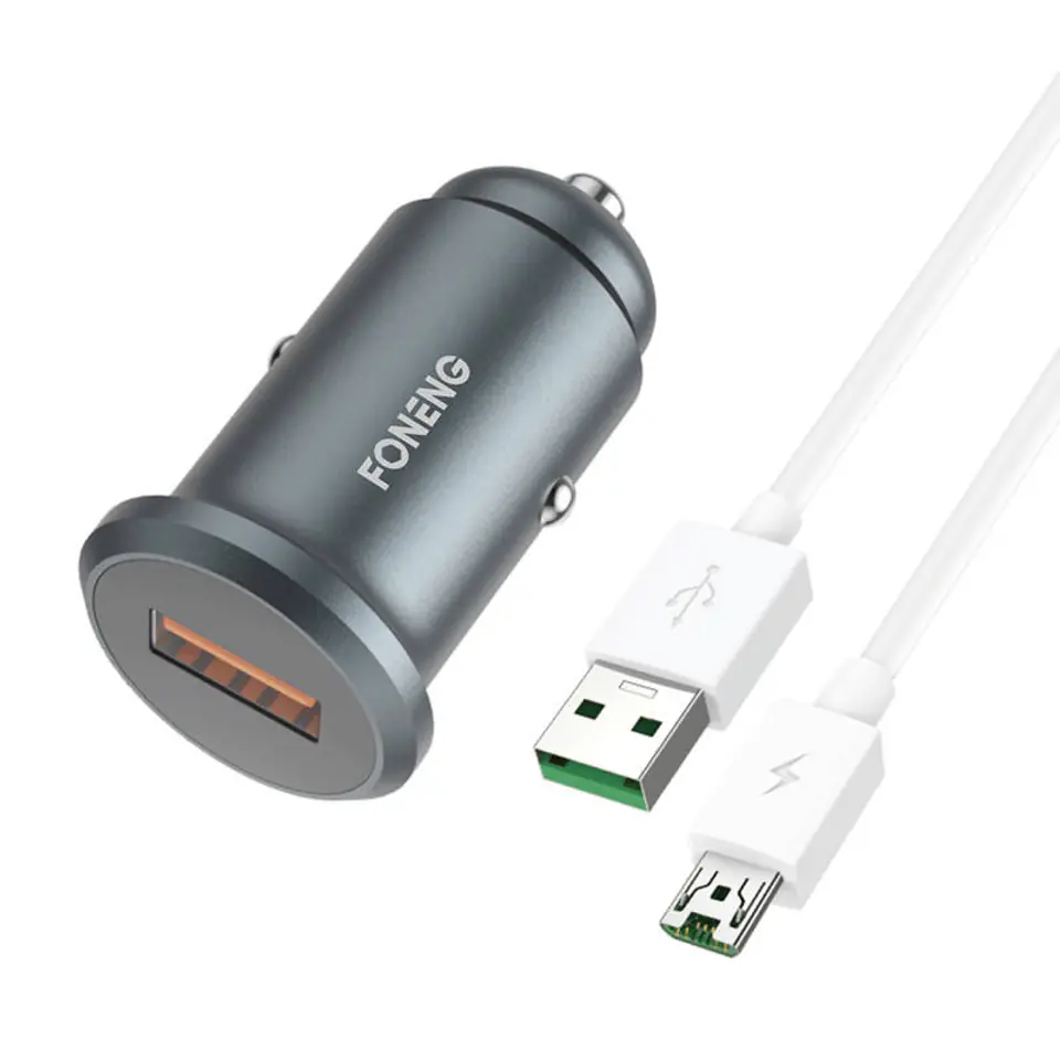 ⁨Ładowarka samochodowa Foneng C15, USB, 4A + kabel USB do Micro USB (szara)⁩ w sklepie Wasserman.eu