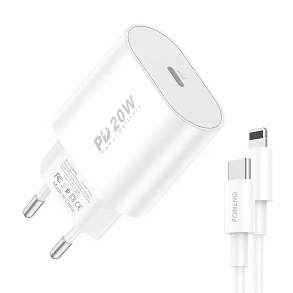 ⁨Ładowarka sieciowa Foneng EU39, 1x USB, PD 3.0 + Kabel USB C do Lightning⁩ w sklepie Wasserman.eu