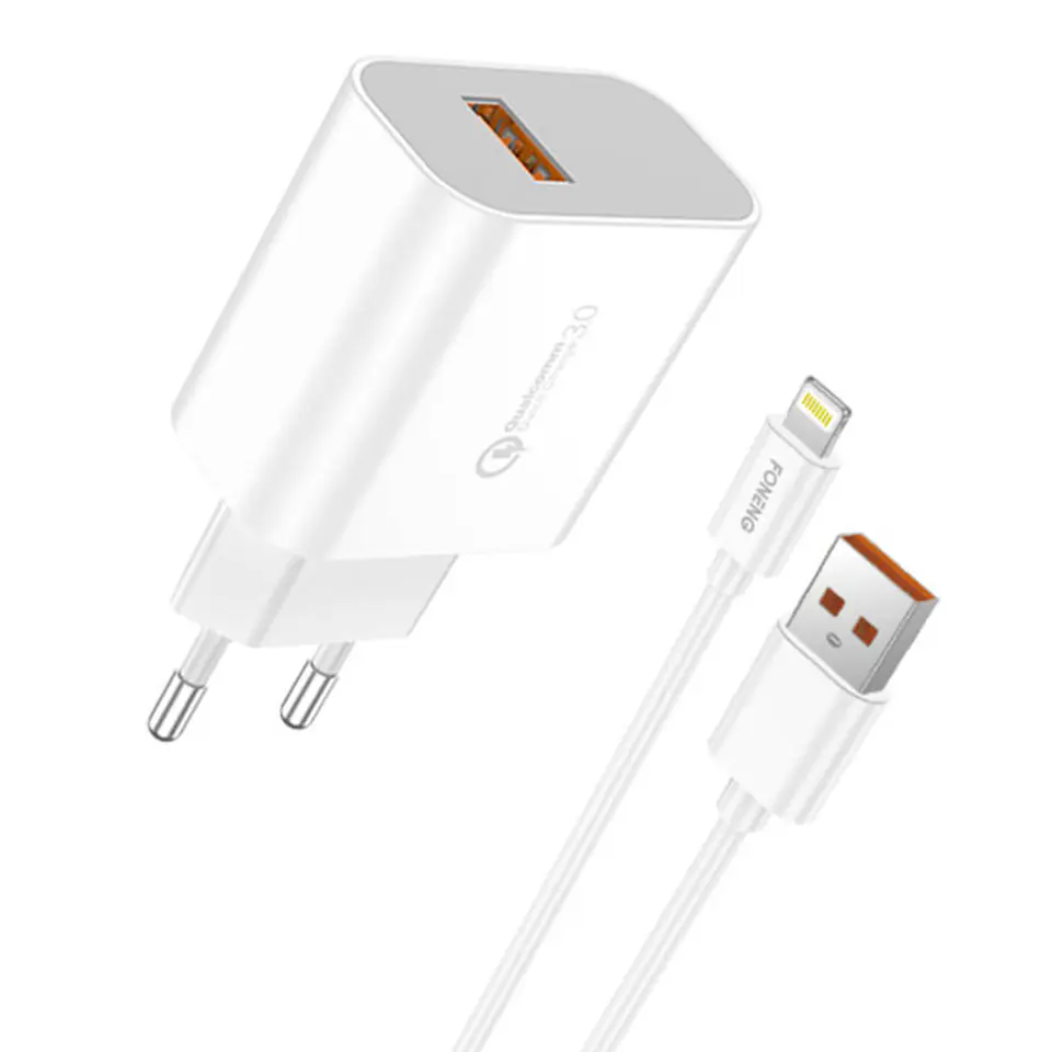 ⁨Ładowarka sieciowa Foneng EU46, 1x USB, QC 3.0 + Kabel USB Lightning⁩ w sklepie Wasserman.eu