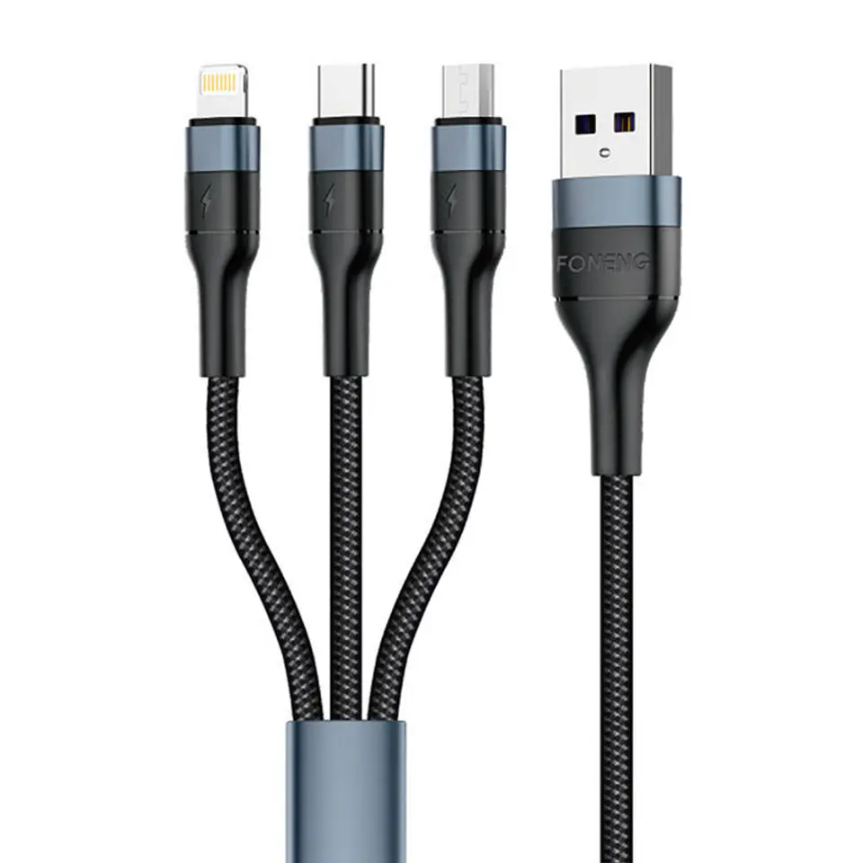 ⁨Kabel 3w1 USB do USB-C / Micro USB / Lightning Foneng X51, 3A, 1,2m (czarny)⁩ w sklepie Wasserman.eu