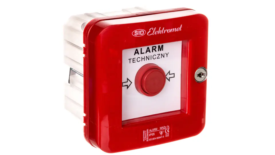 ⁨Wyłącznik alarmowy samoczynny podtynkowy z zamkiem i młoteczkiem WAZp-1s IP-55 921501⁩ w sklepie Wasserman.eu