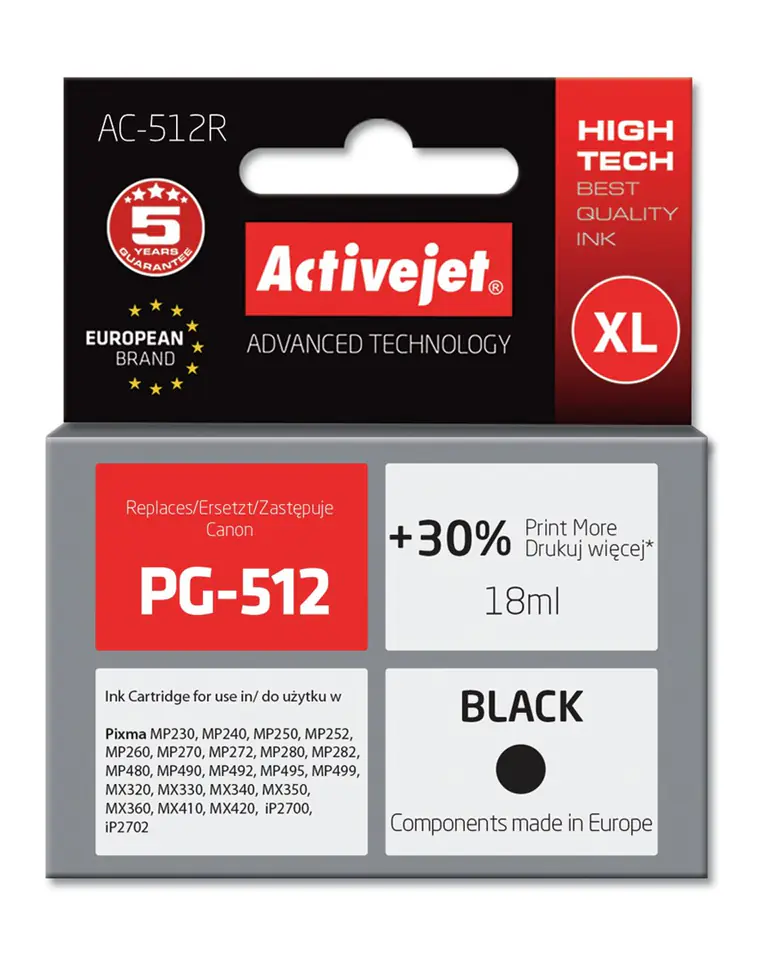⁨Activejet AC-512R Ink cartridge (replacement for Canon PG-512; Premium; 18 ml; black)⁩ at Wasserman.eu