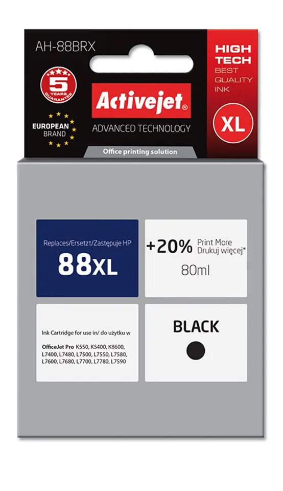 ⁨Activejet AH-88BRX Ink cartridge (replacement for HP 88XL C9396AE; Premium; 80 ml; black)⁩ at Wasserman.eu