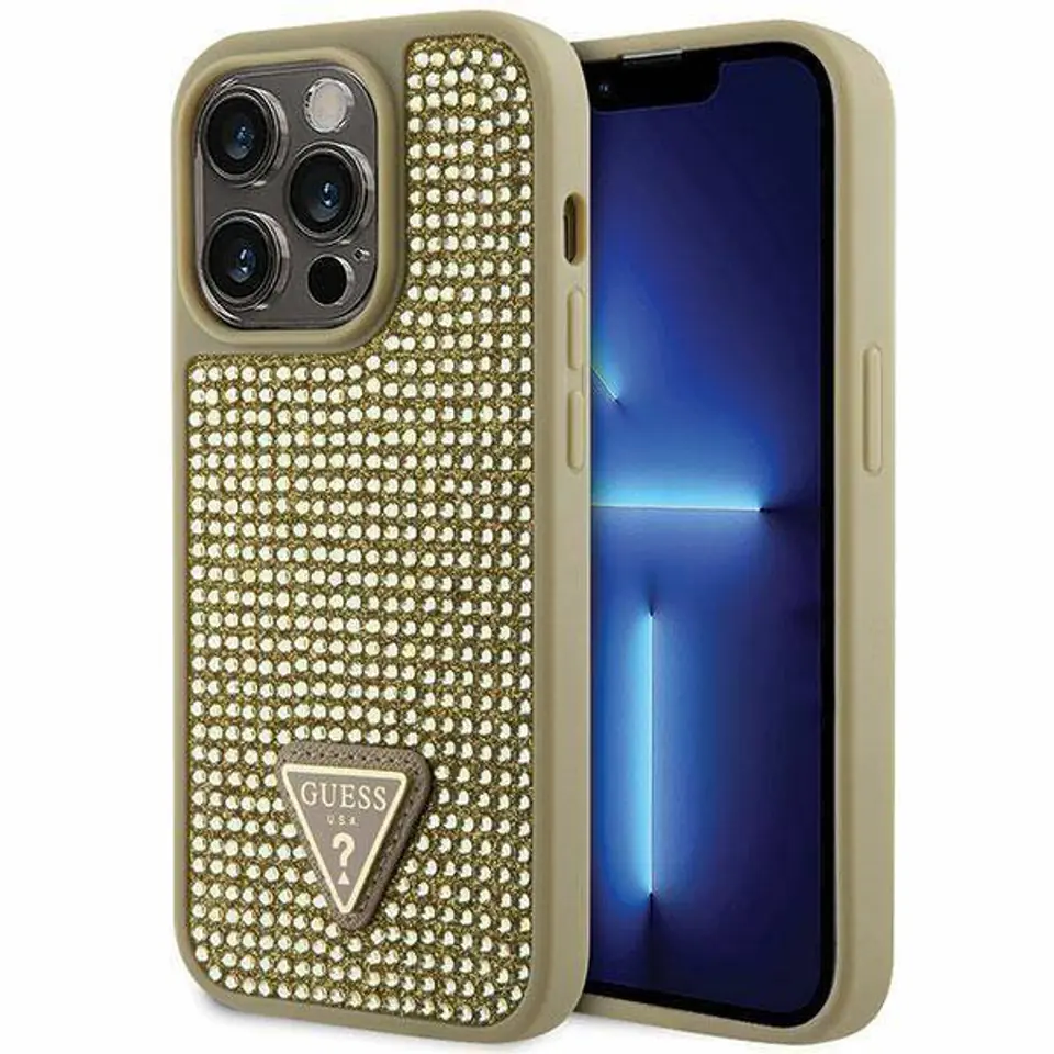 ⁨Oryginalne Etui IPHONE 14 PRO Guess Hardcase Rhinestone Triangle (GUHCP14LHDGTPD) złote⁩ w sklepie Wasserman.eu