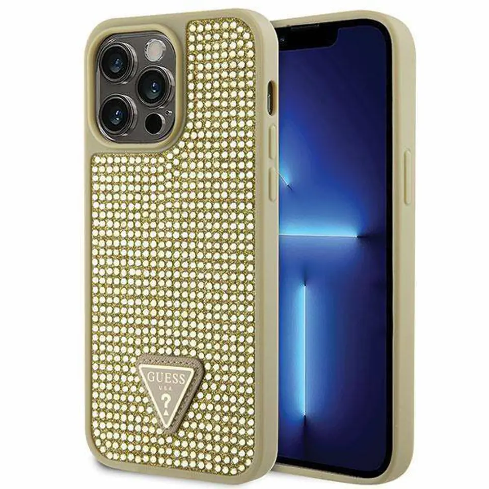 ⁨Oryginalne Etui IPHONE 14 PRO MAX Guess Hardcase Rhinestone Triangle (GUHCP14XHDGTPD) złote⁩ w sklepie Wasserman.eu