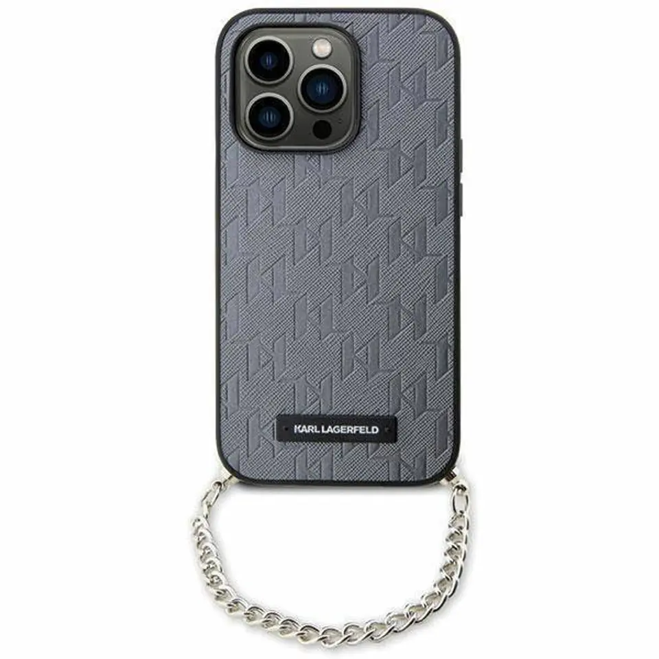 ⁨Oryginalne Etui IPHONE 14 Karl Lagerfeld Hardcase Saffiano Monogram Chain (KLHCP14SSACKLHPG) srebrne⁩ w sklepie Wasserman.eu