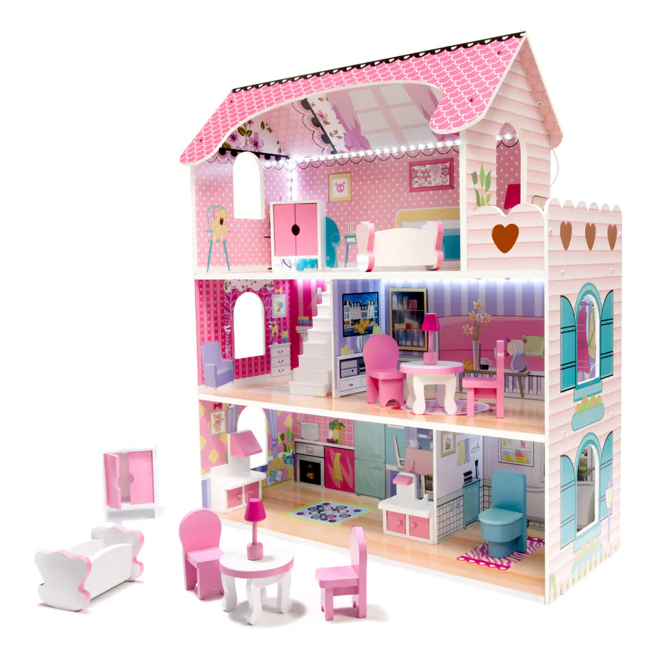 ⁨Dollhouse wooden MDF + furniture 70cm pink LED⁩ at Wasserman.eu