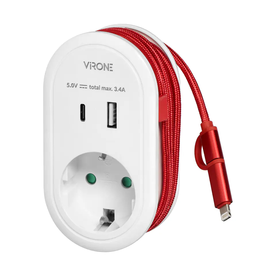 ⁨Adapter z ładowarką USB i kablem ładującym (typ C + Lightning), 1x2P+Z Schuko, 2xUSB (Typ A+C), max 3,4A⁩ w sklepie Wasserman.eu