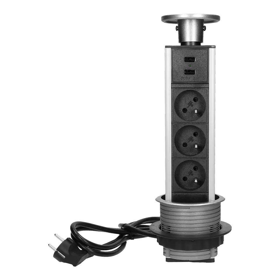 ⁨Gniazdo meblowe ?8cm wysuwane z blatu z ładowarką USB i przewodem 1,8m, 3x2P+Z, 2xUSB⁩ w sklepie Wasserman.eu