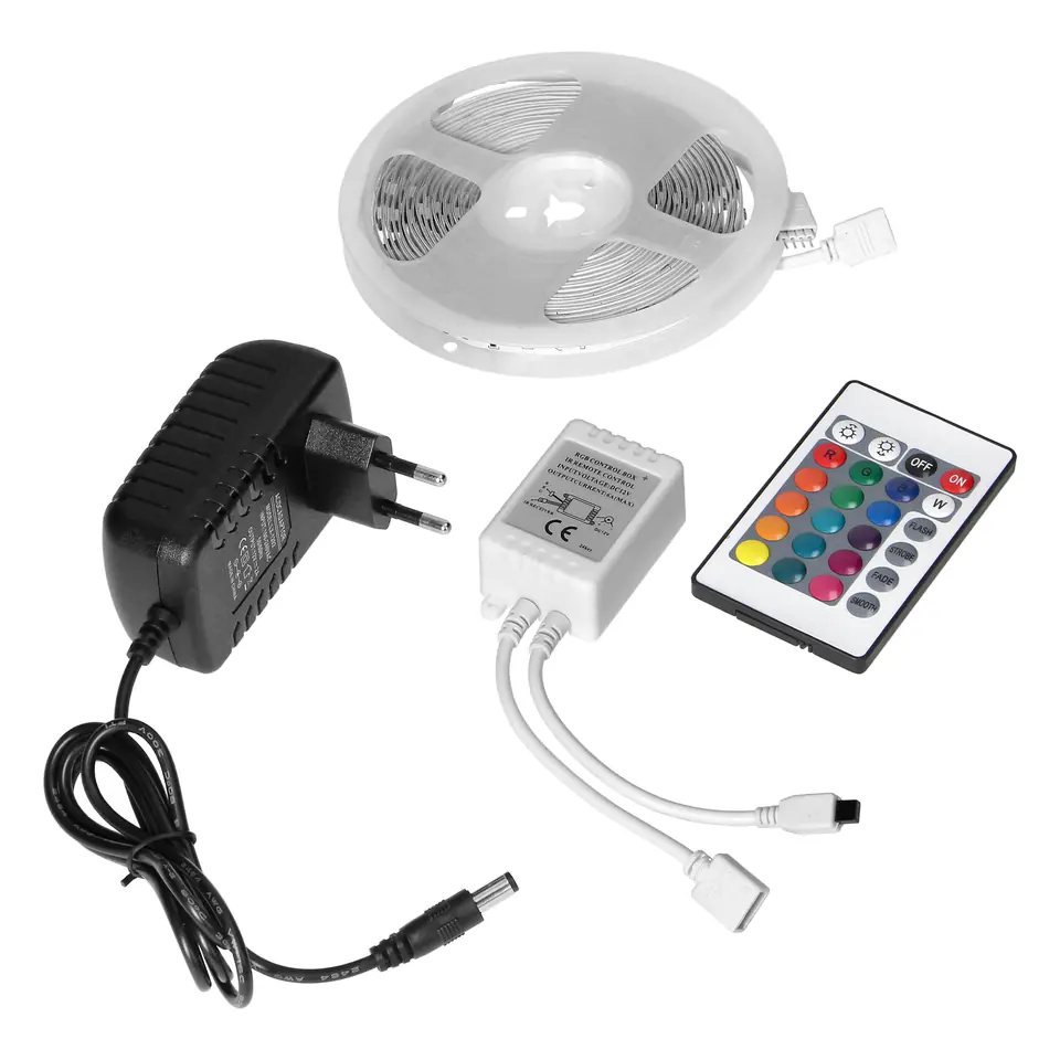 ⁨Zestaw taśma LED 12V  100 30L 7.2W/m IP20 RGB 5m + Sterownik RGB + Zasilacz 12V⁩ w sklepie Wasserman.eu