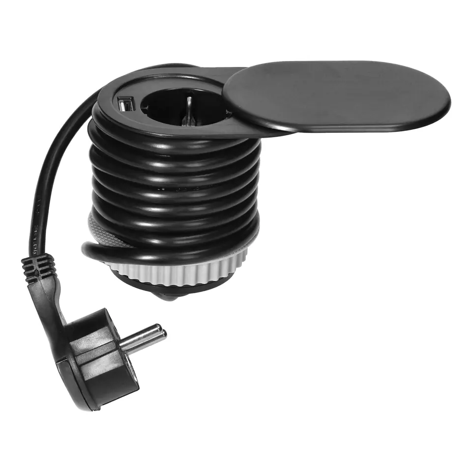 ⁨Gniazdo meblowe ?6cm, czarne, wpuszczane w blat z przesuwną pokrywką, ładowarką USB i przewodem 1,9m, 1x2P+Z, 1xUSB (2,4A), 3x1,5mm?, wersja Schuko⁩ w sklepie Wasserman.eu