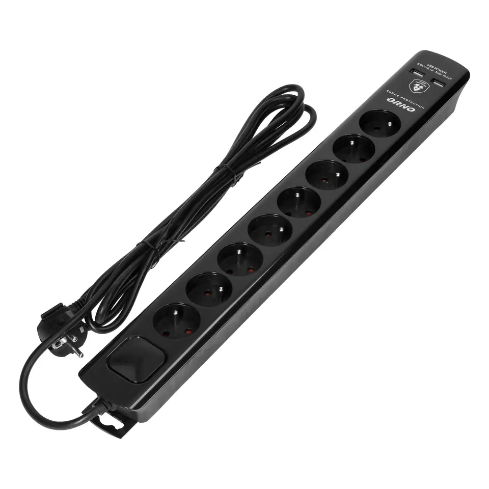 ⁨Listwa przeciwprzepięciowa, 8 gniazd 2P+Z, kabel 3x1,0mm2, 3m, z wyłącznikiem podświetlanym dwutorowym. 10A/230 VAC, Ochronnik przeciwprzepięciowy Typ 3, Ładowarka 2xUSB 2,1A, czarna⁩ w sklepie Wasserman.eu