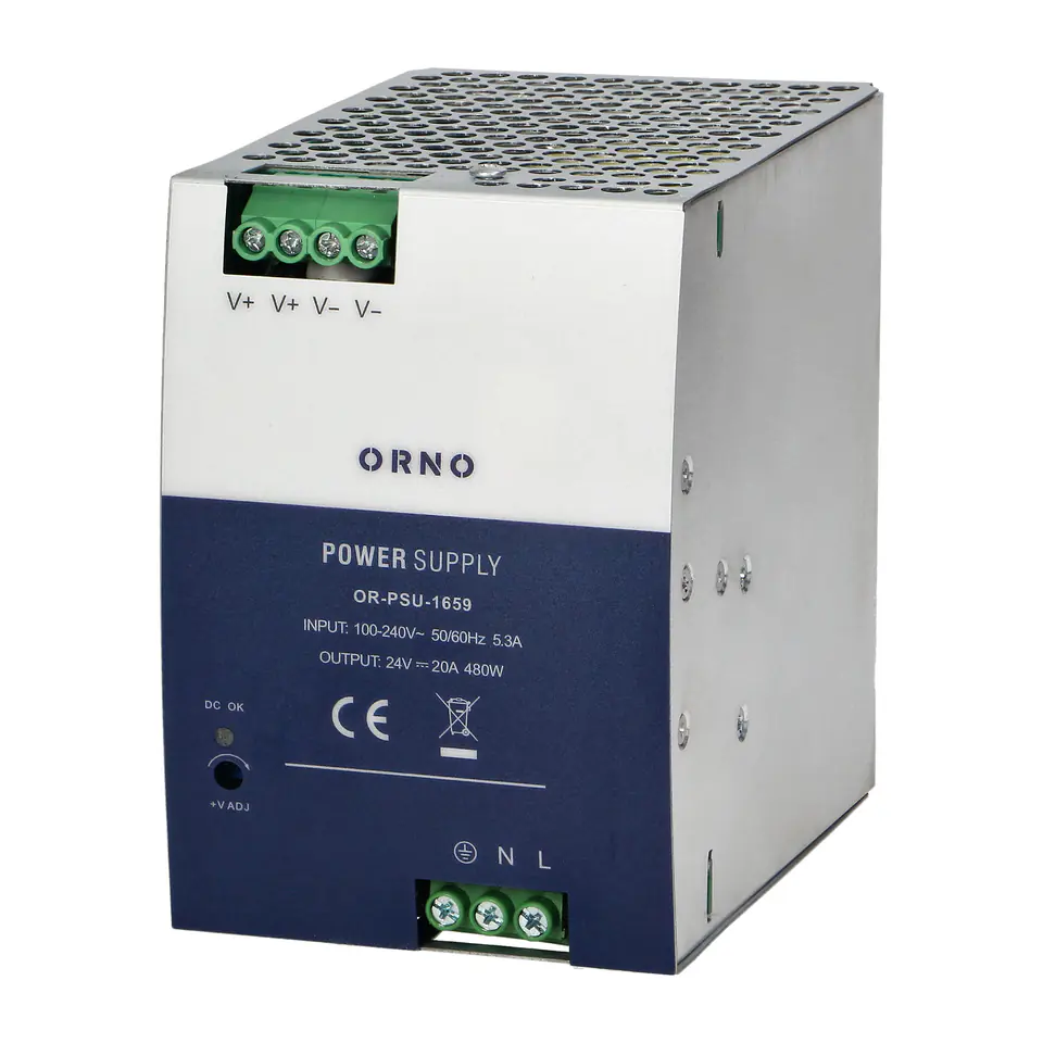 ⁨Zasilacz przemysłowy, na szynę DIN, 24VDC, 20A, 480W, w metalowej obudowie⁩ w sklepie Wasserman.eu