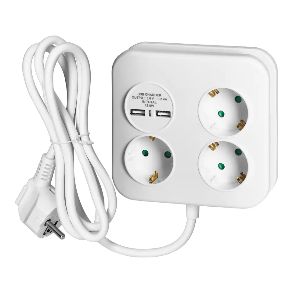 ⁨Kwadratowa listwa zasilająca z ładowarką USB  3x2P+Z (Schuko), 2xUSB-A, kabel 3x1,5mm2, 1,4m⁩ w sklepie Wasserman.eu