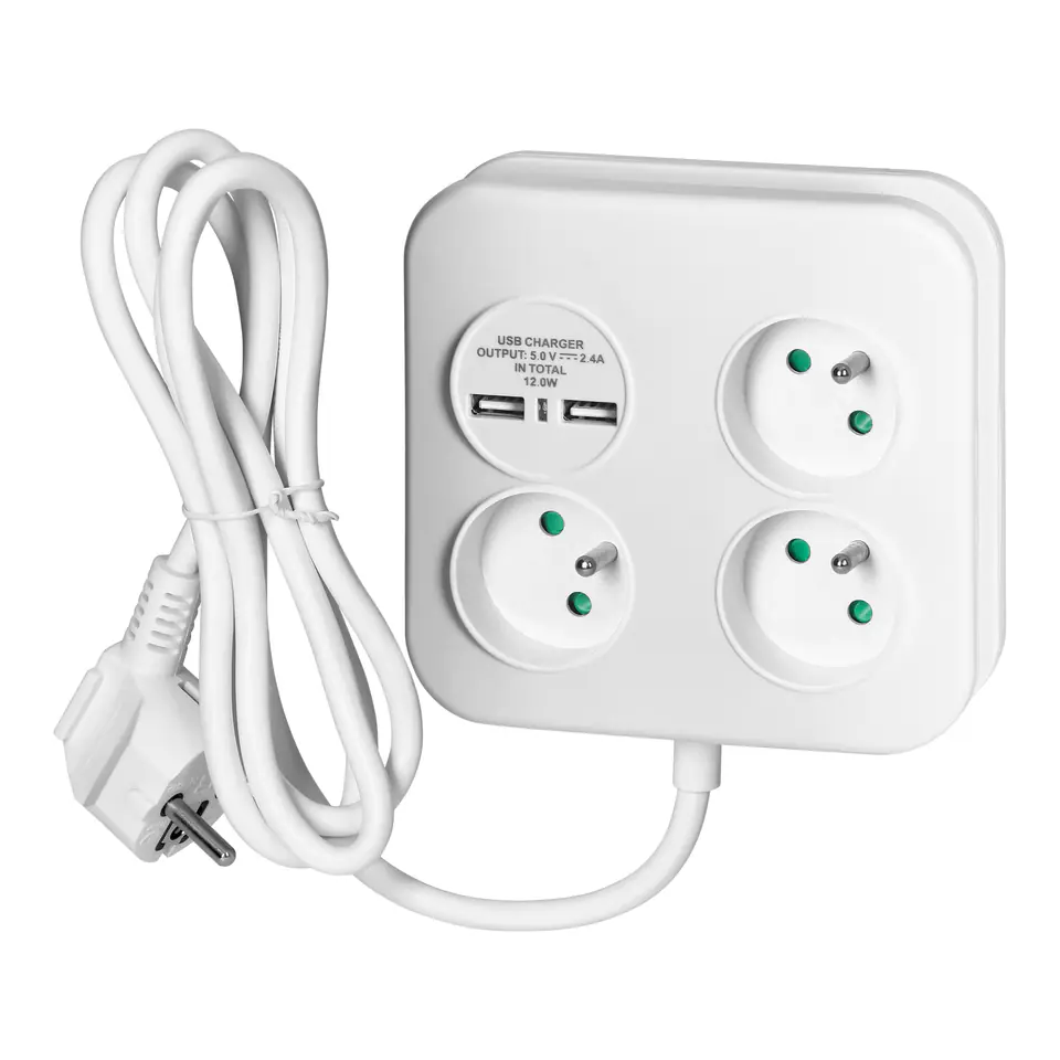 ⁨Kwadratowa listwa zasilająca z ładowarką USB 3x2P+Z, 2xUSB-A,  kabel 3x1,0mm2, 1,4m⁩ w sklepie Wasserman.eu