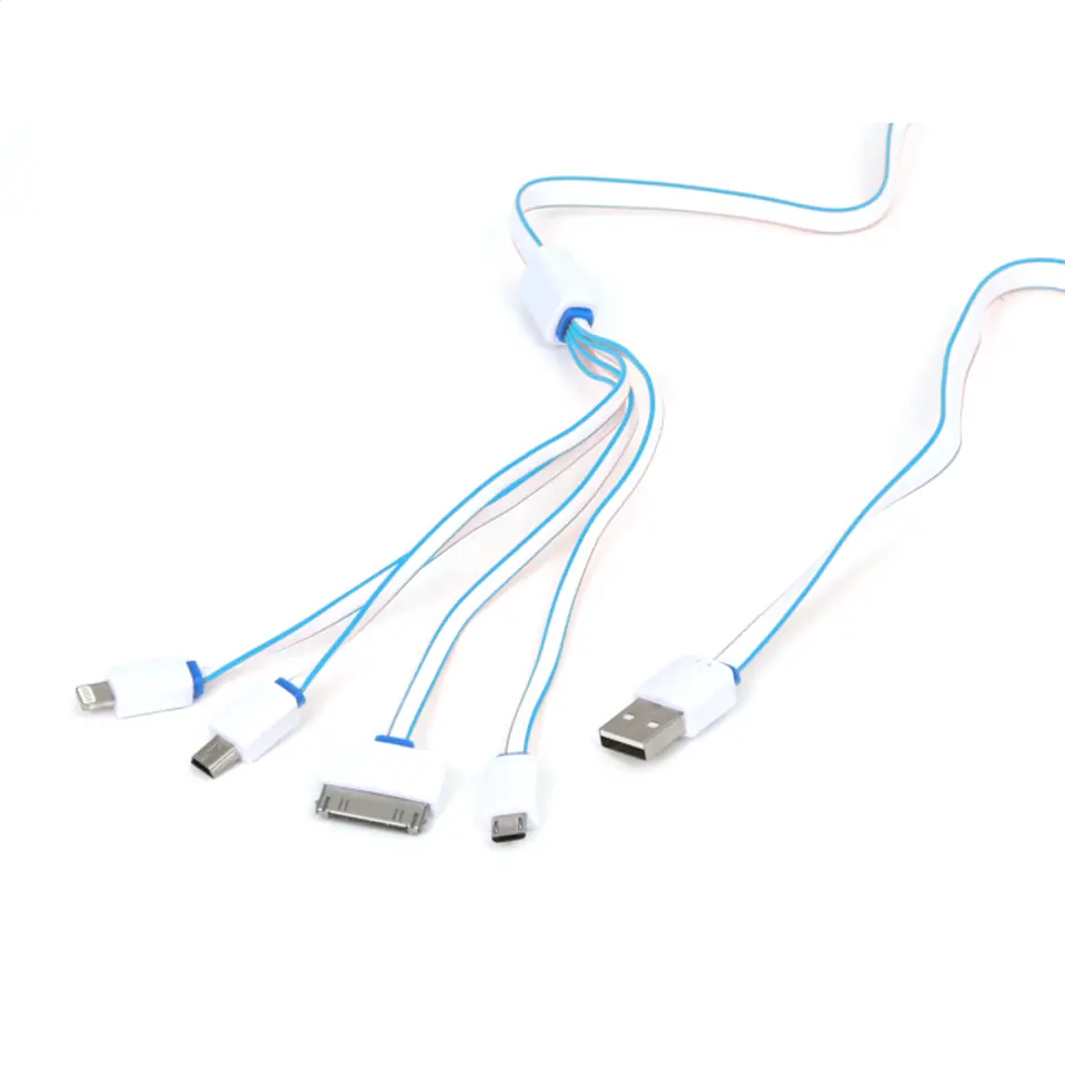 ⁨OMEGA USB UNIVERSAL CHARGING CABLE KIT 4 IN 1: MICRO USB + MINI USB + IPHONE4 + LIGHTNING - WHITE & BLUE⁩ at Wasserman.eu
