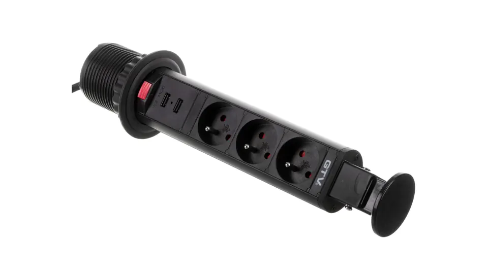Biurkowy przedłużacz wpuszczany fi 60mm czarny 3x gniazdo z uziemieniem 2xUSB 2,1A 5V AE-BPW3U60U-20 w sklepie Wasserman.eu