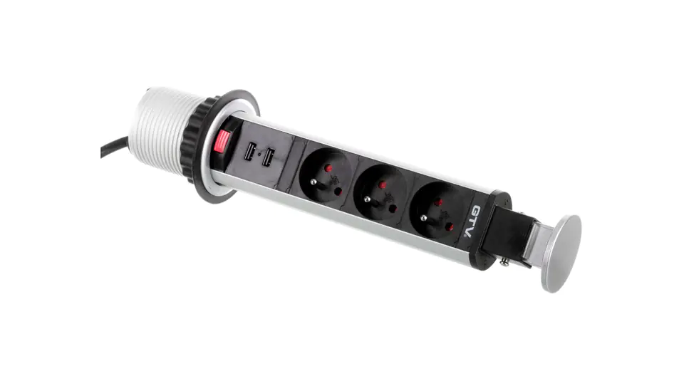 Biurkowy przedłużacz wpuszczany fi 60mm srebrny 3x gniazdo z uziemieniem 2xUSB 2,1A 5V AE-BPW3U60U-80 w sklepie Wasserman.eu