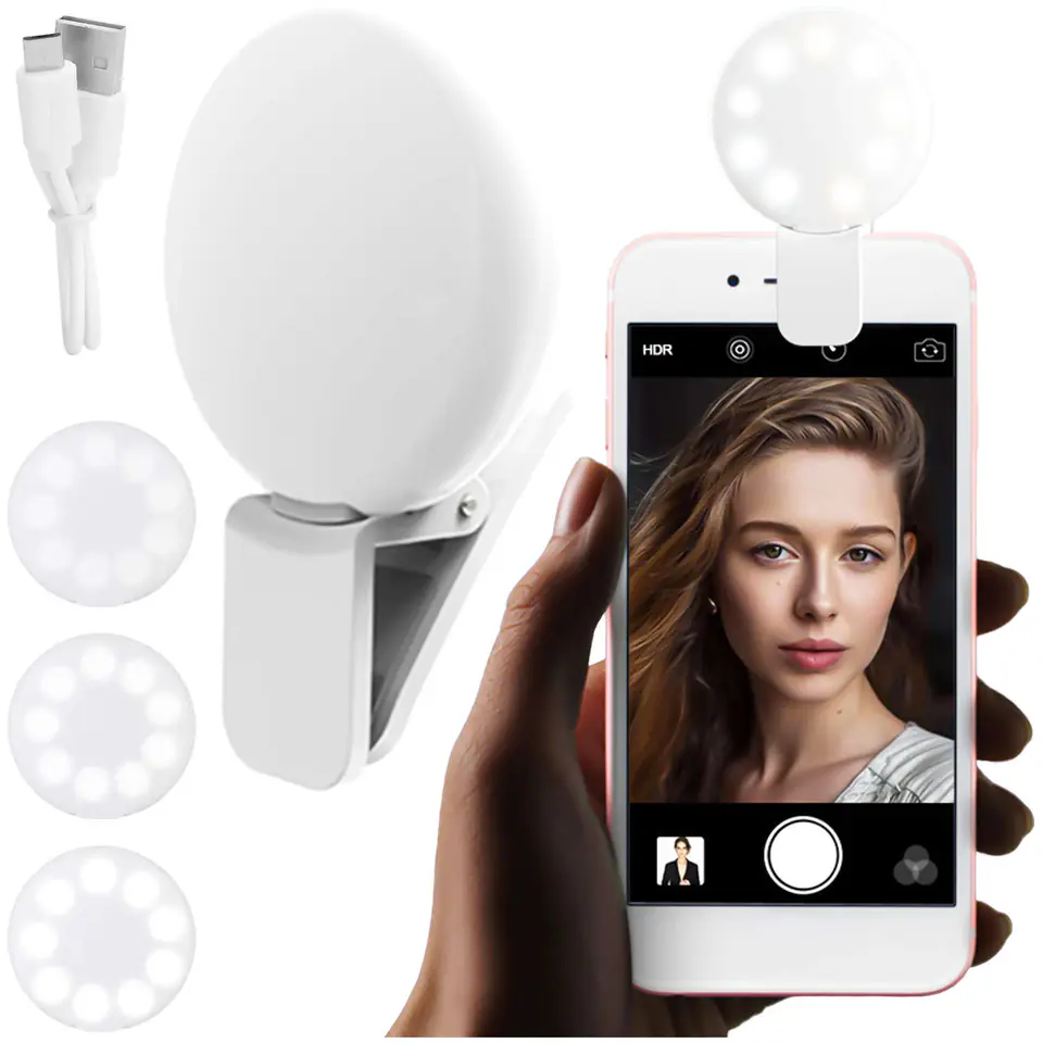 ⁨Lampka LED Alogy Mini Selfie Ring Klips do nagrywania robienia zdjęć do telefonu z klipsem Biała⁩ w sklepie Wasserman.eu