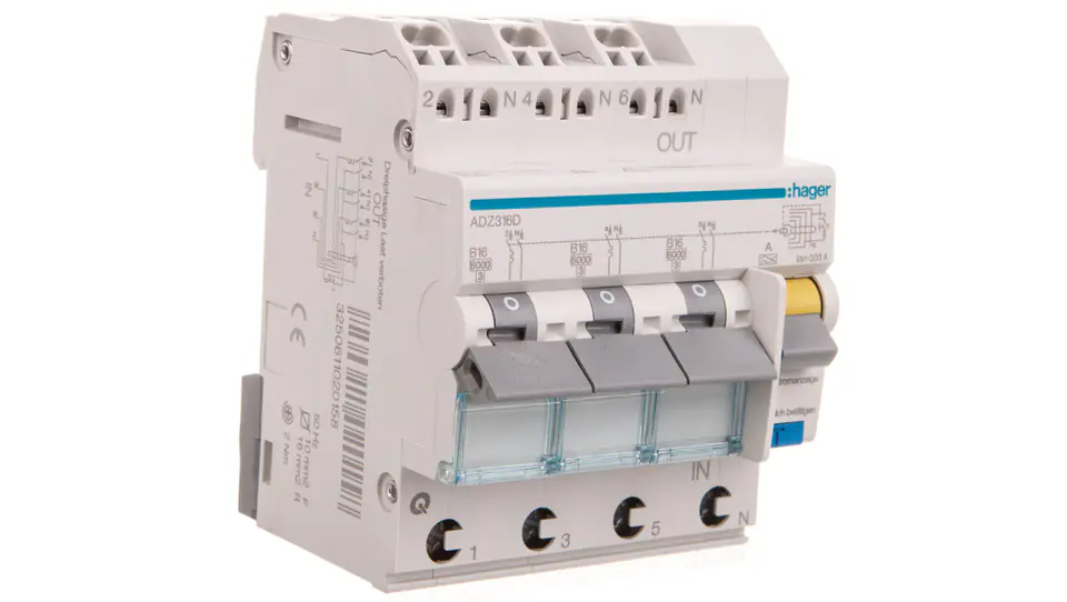 ⁨RCBO ADZ316D RCBO 3x1P+N B 16A 0,03A Type A 6kA RCBO ADZ316D⁩ at Wasserman.eu