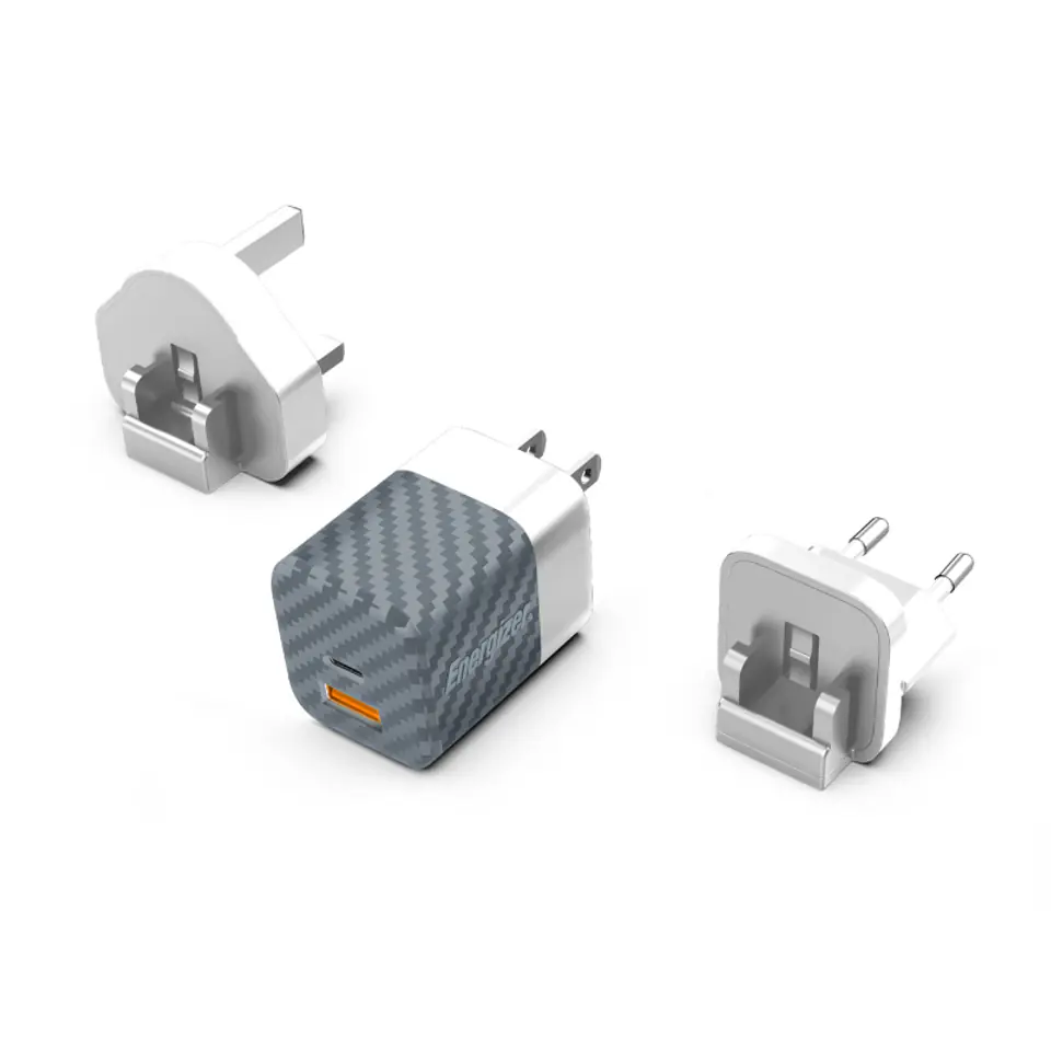 ⁨Energizer Ultimate - Ładowarka sieciowa podróżna Multiplug EU / UK / US GaN USB-C & USB-A 38W PD + QC3.0 (Srebrny)⁩ w sklepie Wasserman.eu
