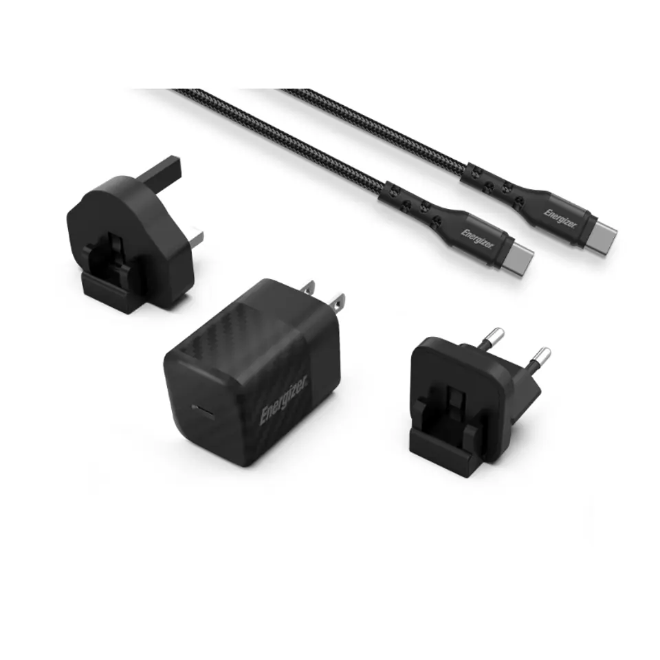 ⁨Energizer Ultimate - Ładowarka sieciowa podróżna Multiplug EU / UK / US GaN USB-C 20W PD + kabel USB-C (Czarny)⁩ w sklepie Wasserman.eu