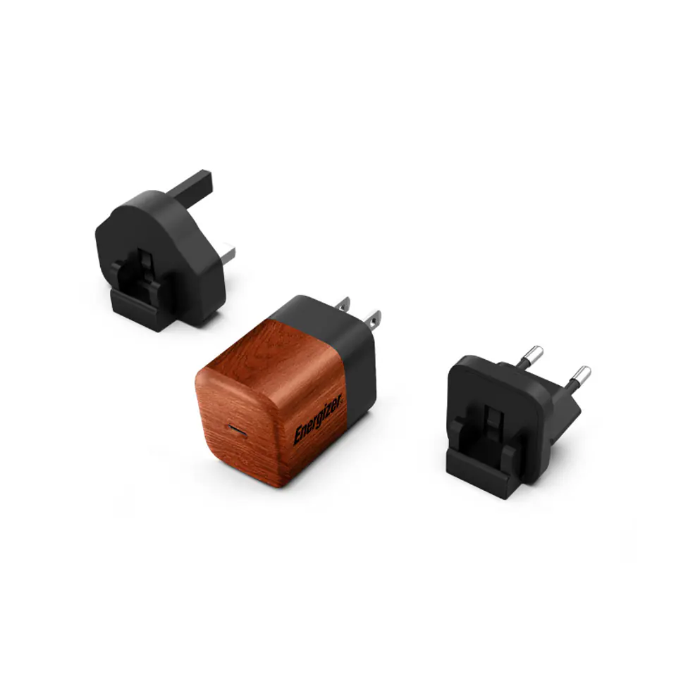 ⁨Energizer Ultimate - Ładowarka sieciowa podróżna Multiplug EU / UK / US GaN USB-C 20W PD (Walnut burl)⁩ w sklepie Wasserman.eu