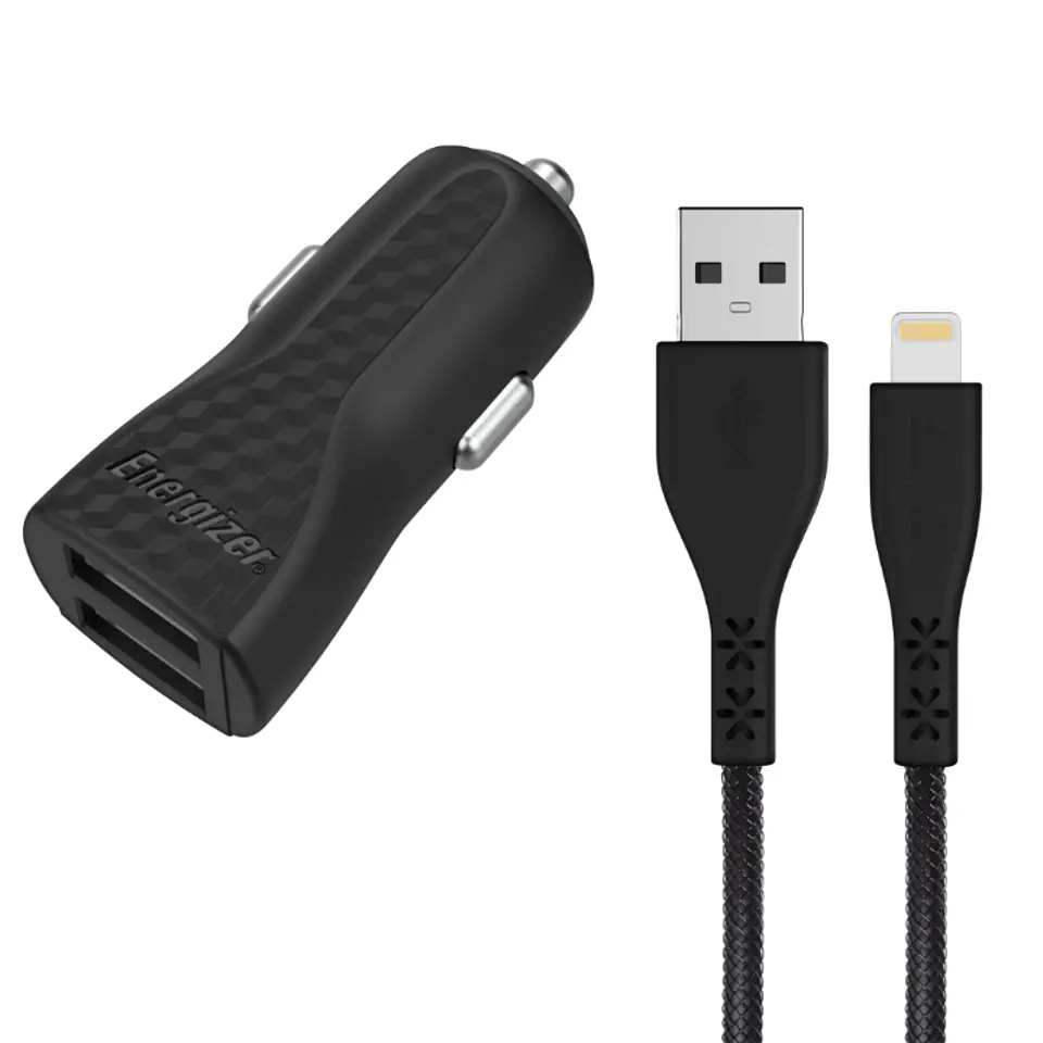 ⁨Energizer HardCase - Ładowarka samochodowa 2x USB-A 17W 3.4A + Kabel Lightning certyfikat MFi (Czarny)⁩ w sklepie Wasserman.eu